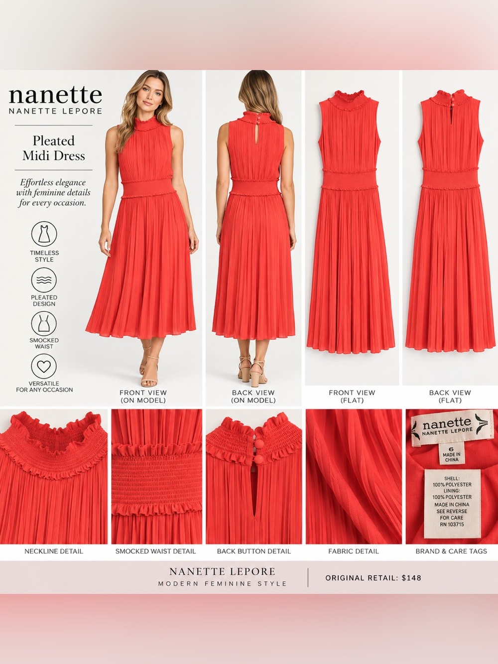 Nanette Lepore Coral-Red Pleated High-Neck Midi Dress